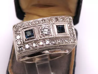 Vintage Palladium ART DECO DIAMOND SAPPHIRE MEN'S GENT'S COCKTAIL Ring #M20 • $899.95