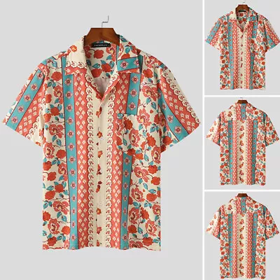 Mens Hawaii Floral Printed Short Sleeve Loose Holiday Beach Blouse Tops T Shirt • $20.89