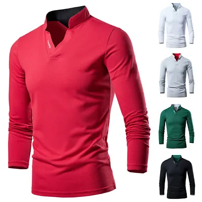 Men's V Neck Long Sleeve Shirt Pullover Top Tee Solid Casual Solid Fashion • $15.58
