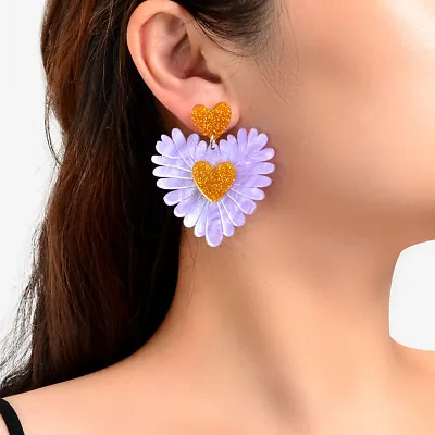 $3.99 • Buy Sweet Holiday Acrylic Purple Flower Heart Earrings Valentine's Day Gift Jewelry