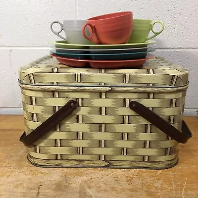 Vintage Retro Faux Basket Weave Metal Tin Picnic Basket Plate Cups Gitsware • $60