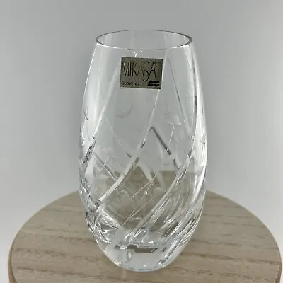 Mikasa Slovenia Lead Crystal Vase Etched Flowers 5.25” Tall Label Swirl Wedding • $15