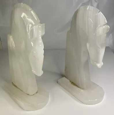 Vtg Set Of 2 Hand Carved Horse Head Knight Bookends White Marble Stone Trojan • $74.99