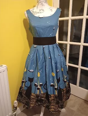 Lindy Bop Lana Space Cats Print Swing Dress Size 10-12 • £28