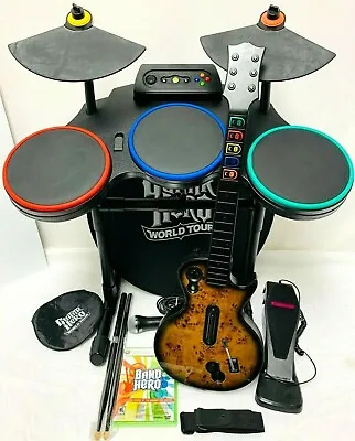 Xbox 360 Guitar Hero WORLD TOUR Wireless Band *Drums*MAPLE WOOD Guitar*Game*Mic • $480