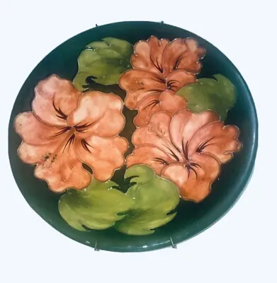VINTAGE SIGNED WALTER MOORCROFT Coral Hibiscus Green Plate. Collectable. 1980s • $200