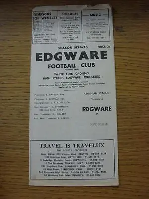 01/03/1975 Edgware V Faversham  (slightly Folded & Torn On Top Of Front Cover). • £3.99