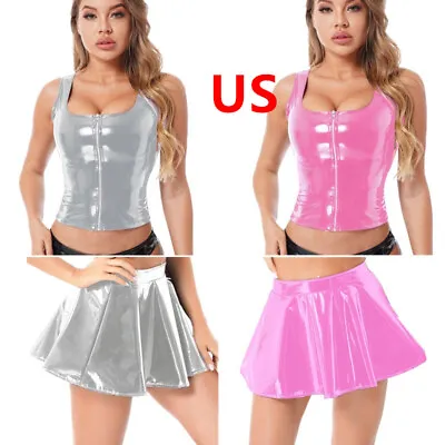 Women PVC Leather Mini Skirt And Tank Top Shiny Crop Top Pleated Skirts Clubwear • $12.31