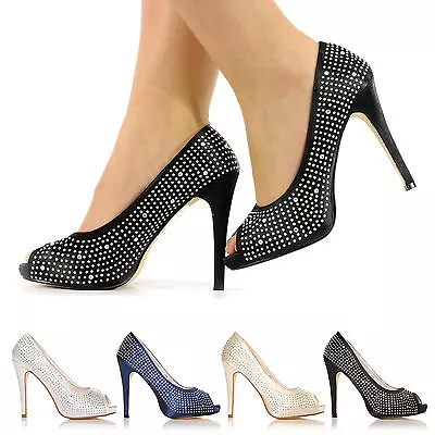 £14.99 • Buy Ladies Women New Peep Toe High Heels Wedding Prom Bridal Diamante Shoes Size 3-8