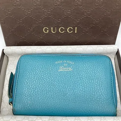 Auth Used GUCCI Bifold Purse Cow Leather Wallet Blue 6649 Swing Italy Logo • $68.40