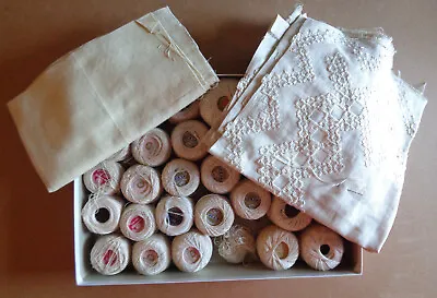 Vintage Lot 31 Crochet Thread AND Unfinished Embroidered Table Cloth 38 X19  ++ • $89