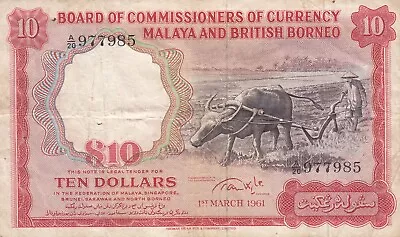 Malaya & British Borneo Malaysia  Banknote 10 Dollars (1961) B109    P-9   VF • $999.99