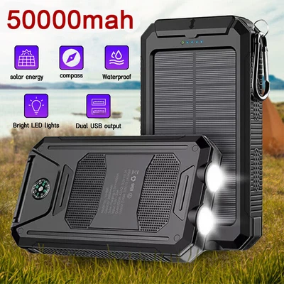 $26.90 • Buy Portable Solar Power Bank External Battery Dual USB Phone Charger 2 LED 50000MAH