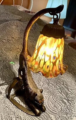 $170 • Buy Halloween Decor Black Cat Lover Vintage Table Lamp With Millefiori Glass Shade
