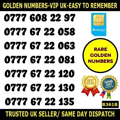 £9.95 • Buy Golden Number Rare VIP Lebara UK SIMS-Easy To Remember Unique Numbers-B361B LOT