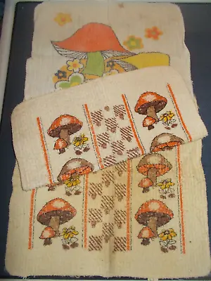 Vintage Lot Of 3 Funky Merry Retro Mushroom Dish Wash Cloths Orange Yellow Brown • $20