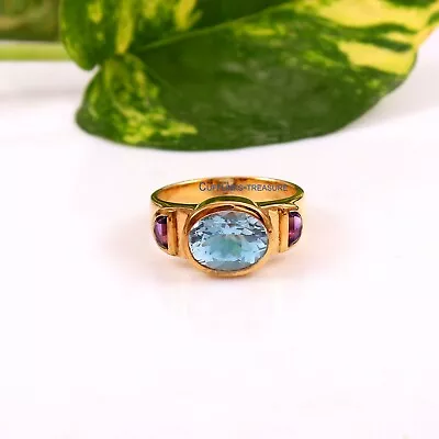 Natural Blue Topaz & Amethyst Gemstone With 925 Sterling Silver Ring For Men #55 • £76.64