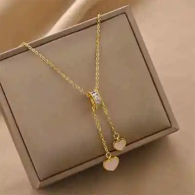 Heart Dangle Necklace-Lariat Heart Pendant Necklace 14k Gold Filled Pearl Zircon • £14.99