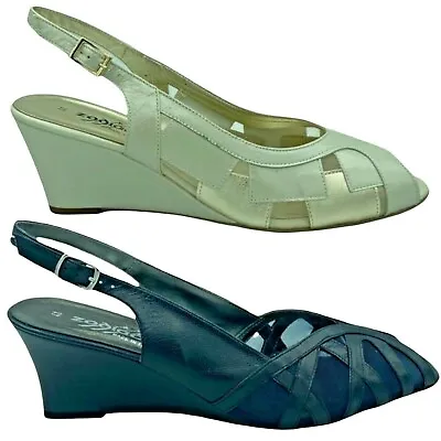 ZODIACO Mid Heels Wedges Shoes Slip On Leather Ladies Open Toe Sandals Size 7 41 • £24.99