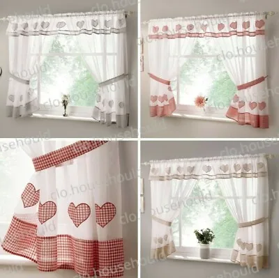 £23.85 • Buy Amour Heart Gingham Kitchen Curtain Sets Ready Made Valance Voile Curtains Pair