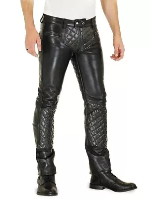 Men's Real Leather Quilted Panels Front & Back Pants Exposed Fly Zip Biker Pants • $120