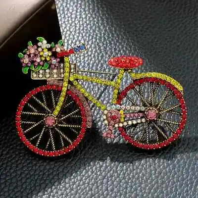 Vintage Red Bicycle Brooch Pin Inlaid Shiny Rhinestone Fashion Women Unique Men • $13.98