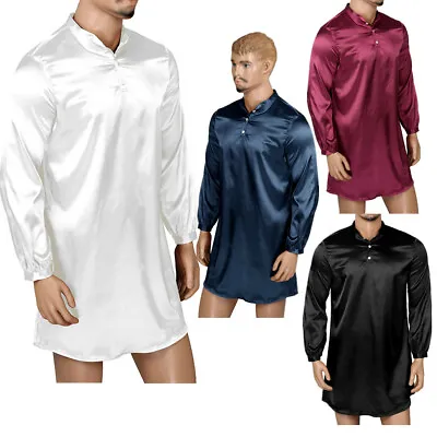 Mens Satin Silk Pajamas Nightwear Long Sleeve Nightshirt Pullover Sleepwear Tees • $12.21