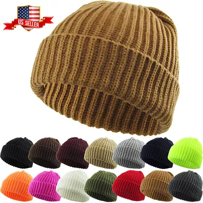 THICK Ribbed Beanie Knit Ski Cap Skull Hat Warm Solid Color Winter Cuff Blank • $12.95