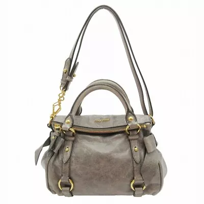MIUMIU Vitello Lux 2Way Shoulder Bag Handbag Leather Side Ribbon Logo Gray • $412.80