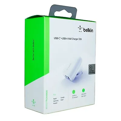 $29.99 • Buy Genuine Belkin BoostUp 20W USB-C + 12W USB-A Dual Port Wall Charger WCB004AUWH