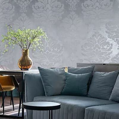 Flocking Gray Silver Metallic Flocked Victorian Velvet Damask Wallpaper Rolls 3D • $4.03