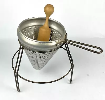 Aluminum Cone Sieve Strainer Colander Ricer W/ Wooden Pestle Masher & Stand VTG • $39.50