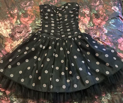 Gunne Sax 5/6 Strapless Y2K Prom Dress Formal Juniors Pink Black Tulle Polka Dot • $39.20