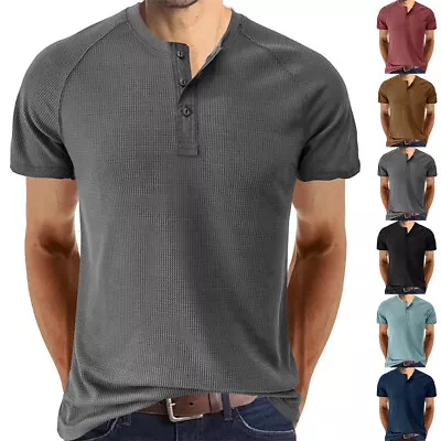 Mens Ribbed Henley Button V Neck Tops Casual Short Sleeve Pullover T Shirt US • $18.94