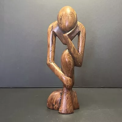 Retro Modernist Wood Figure The Thinker Art Sculpture Carved Minimalist Abstract • $28.95