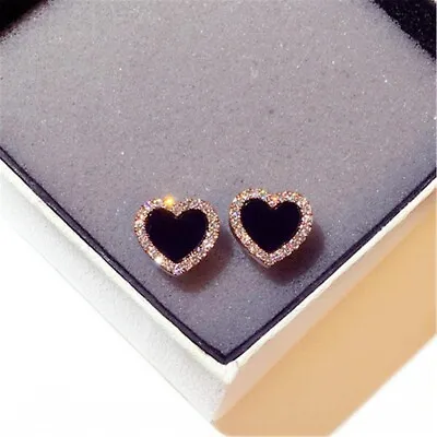 14k Rose Gold Plated Stainless Steel Heart Shaped Earrings Black Onyx Waterproof • £2.99