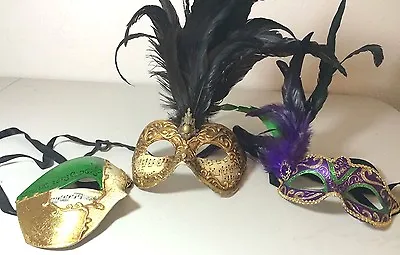 Venetian Masquerade Half Face Mask Lot Of 3 Costume Feather Harlequin  • $24.98