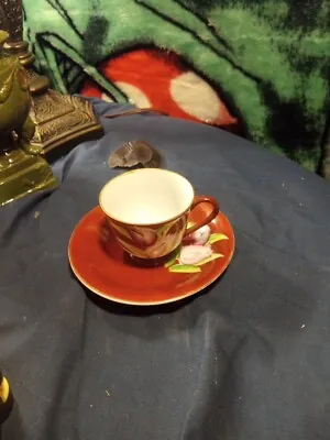 Vintage Occupied Japan Rust Orange W/Painted Tulips Mini Tea Cup And Saucer • $12