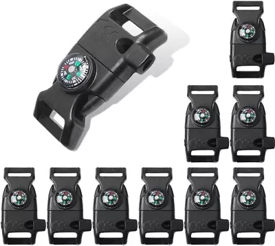 10Pcs Pack Black 5/8  Compass Flint Scraper Fire Starter Whistle Buckle Plastic • $14.05