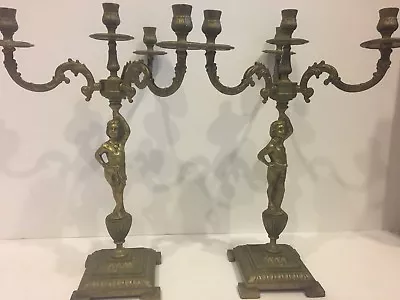 Pair Of Vintage Antique Brass Cherub Candelabra H 20” • $395