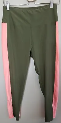 Marika Tek Womens Sz L Green With Peach Stripes Athletic Workout Leggings Pants • $9.69