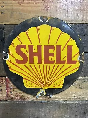 Vintage Porcelain Old Shell Sign 12” Gas Pump Plate Motor Oil Company Auto Parts • $224