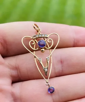 Antique Art Nouveau Edwardian 9ct Gold Amethyst & Seed Pearl Pendant Marked 9CT • £129.95