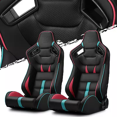 Black With Red/Blue PVC Reclinable VIPER-Series Racing Seats Pair W/Slider • $345.38