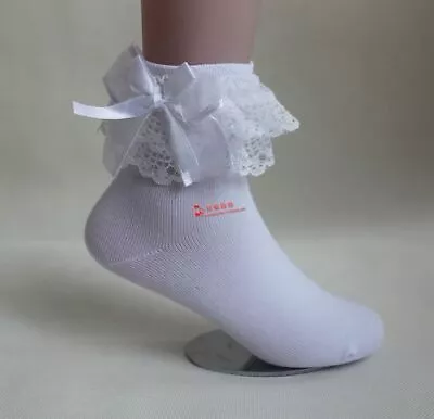 Girls Children School Dress Frilly Laced Ruffle Socks Frilly Bow Ankle Socks • $7.50