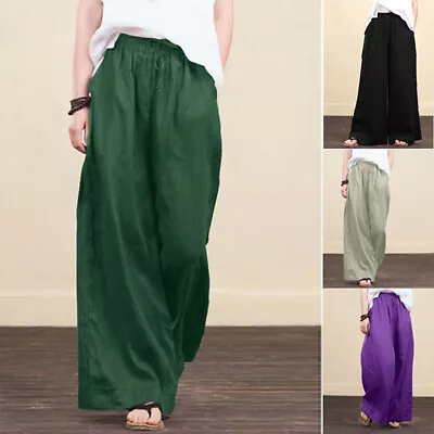 Womens Cotton Linen Solid Elastic Waist Wide Leg Pants Loose Harem Trousers US • $20.29