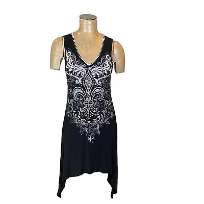 Vocal USA Sleeveless Graphic Beaded Dress Black Sharkbite Hem 262i • $45