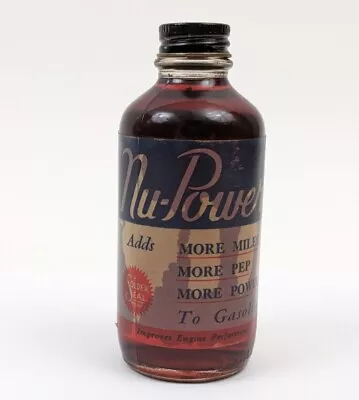 Vintage Nu-Power Gasoline Additive Glass Bottle Garage Shop Oil Advertising FULL • $14.95