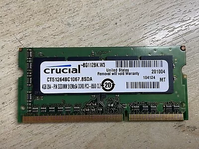 Crucial 4GB 1066Mhz DDR3 Laptop RAM Memory PC3-8500 DDR3-1066 CT51264BC1067.8SDA • £5.90