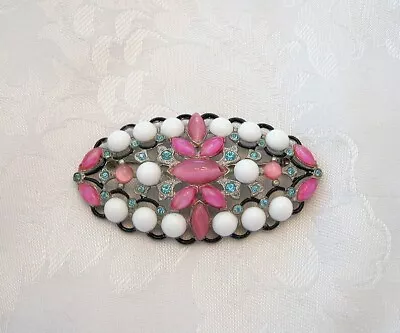 Vintage Brooch Rhinestone Cabochon Rose Aquamarine Enamel Silvertone Restored • $25